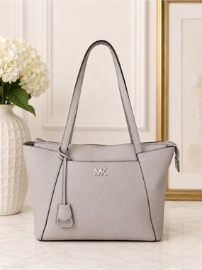 Michael Kors Gray Leather Large Zip Top Tote Shoulder Bag Work Laptop